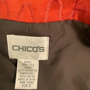 Chicos 100%silk rich orange red color embossed thread design throughout size 2